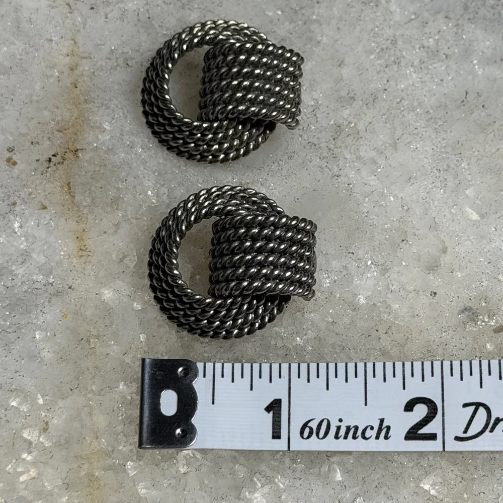 Silver Tone Rope Knot Clip-On Earrings Coastal Nautical Preppy Vintage Style